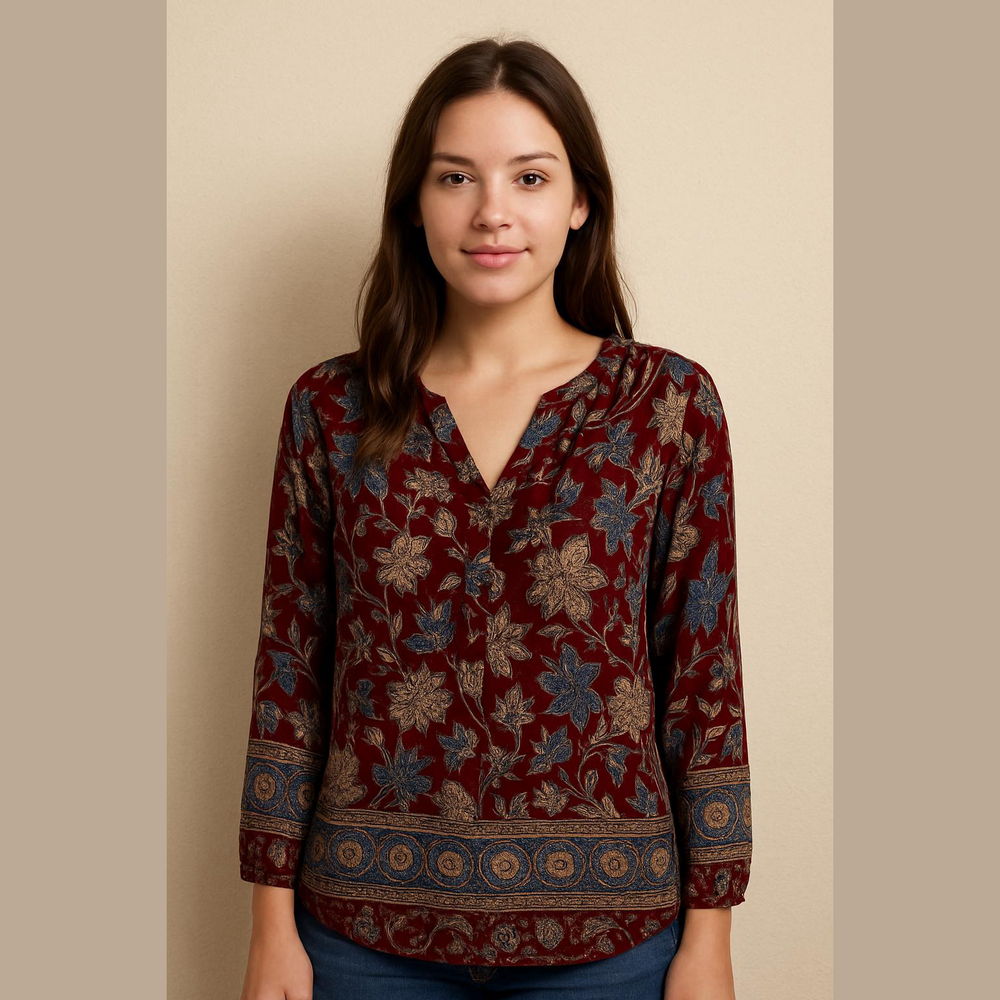 Lucky Brand Burgundy Blue Floral Top